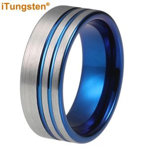 Fasce iTungsten 8mm Uomo/Donna/Fede nuziale in tungsteno Anello con due linee sfalsate Finitura piatta spazzolata Alta qualità Comfort Fit