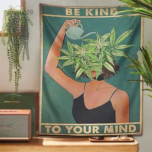 Tapestries Psychedelic Leaf Tapestry Wall Hanging Girl Be Kind Be Your Mind Bohemian Mystery Plant Beach Room Home Decor Cloth Carpet Mats