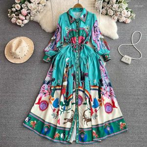 Casual Dresses Elegant Lapel Neck Vintage Printed Long Dress Women Fashion Lantern Sleeves Belt Lace-up Loose Maxi Robes Vestidos