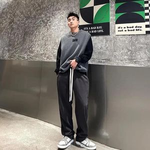 Mäns västar stickade tröjor för män bokstav japansk retro man kläder runda krage ärmlösa crewneck slits waistcoat väst y2k streetwear s