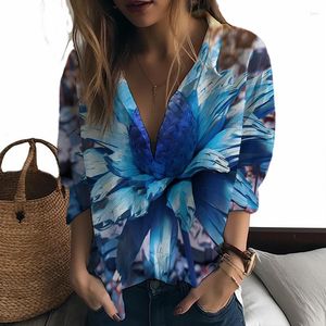 Camicette da donna Camicia da donna estiva Fiore blu Stampato in 3D Personalità della signora Simpatico stile casual Tendenza della moda