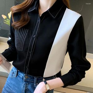 Kobiety damskie bluzki Koreańskie kobiety 2024 Modna bluzka z długim rękawem guziki koszule żeńskie ubrania splicing szyfonowy black
