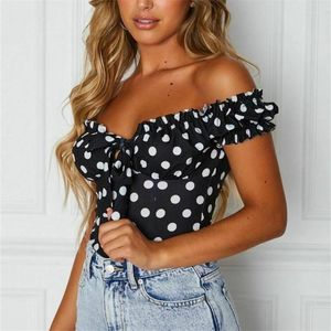 Women's Blouses Women Summer Casual Off Shoulder Blouse Lady Vintage Polka Dot Short Sleeve Shirt Slash Neck 2024