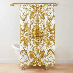 Shower Curtains Golden Baroque Symmetrical Shower Lion and Damask Ornament Luxury Design Gold Lace Bathroom Shower Curtains Set