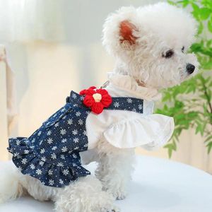 Vestidos de vestuário de cão vestido de impressão floral com anel de trela mangas elegantes macio gato princesa roupas para animais de estimação para uso diário