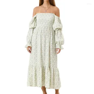 Casual Kleider Frauen Boho Langes Kleid Abend Party Frühling Herbst Kleidung Vintage Chic Elegante Ärmel Schulterfrei Einfarbig/Blumen