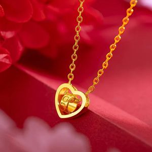 Pendants Pure 18K Gold Necklace 999 Gold Heart Pendants Rotating Ring Fine Jewelry Wedding Box Brand Trendy Gift for Women