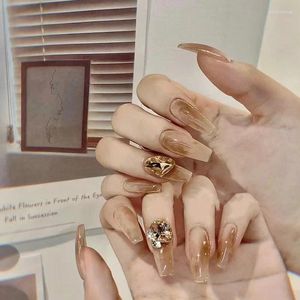 Pregos Falsos 24 Pcs Madeira Shuo Com Cola SetGolden Foil Latte Color Prego Patch Manchado Manicure Curto Falso