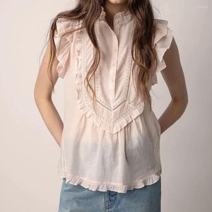 Women's Blouses ZESSAM Solid Lace Embroidery Women Shirt O-Neck Ruffles Button Stitching Pullover Vintage Classic Casual Lady Top 2024