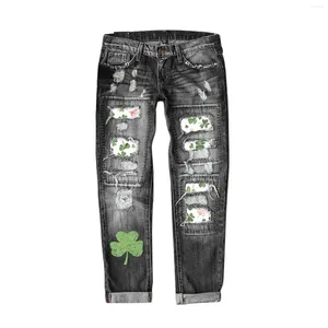 Jeans femininos St. Patrick's Day Imprimir rasgado casual calças jeans mulheres roupas designer perna larga para