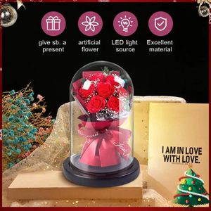 Decorative Flowers Dried Bouquet With Lights Carnation Tulip Sunflower Rose In Glass Cover Floral Gift Valentine Day Birthday Gifts