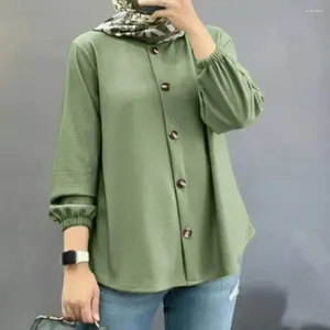 Women's Blouses Long Sleeve Top Women Work Shirt Button Down Round Neck Spring Fall With Elastic Cuff Mid Length Blouse For Loose