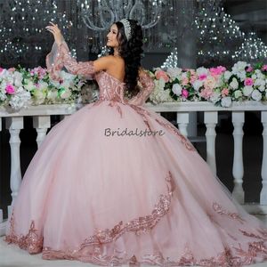 Glitter pembe quinceanera elbiseler kollu sevgilim topu pullu on beş doğum günü parti elbise vestidos de xv 15 anos 2024 korse prenses tatlı 16 elbise