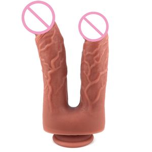 Dildos Two Pronged Double-layer Liquid Silica Gel Artificial Penis Double Headed Anal Plug Female Masturbation Adult Products