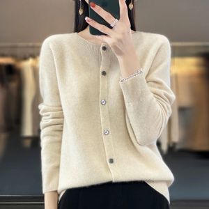 Women 100 Pure Merino Wool Knitted Sweater Spring Autumn ONeck First Line Seamless Top Cardigan Long Sleeve Cashmere Knitwear 240119