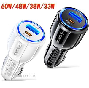 60W 48W 38W 33W Portas duplas USB C Tipo C PD CARREGENTE Adaptadores de energia do veículo para iPhone 12 13 14 15 Pro Samsung Xiaomi Android Telefone GPS