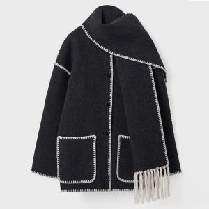 Gratis Shippng Women's Jacket's Wool Blends Kontrast Single Breasted Women Coat med halsduk Lång ärm överdimensionerad Löst Tassles Jacka 2023 Autumn