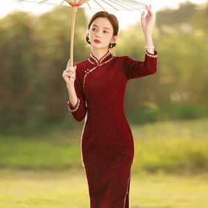 Этническая одежда, красное китайское платье Ципао Ципао с длинными рукавами, зима-осень, женское платье в стиле ретро с принтом