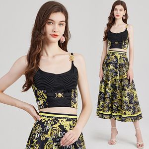 Conjuntos de vestido de festa floral barroco verão preto mulheres designer suspender top e saia longa fina duas peças conjunto 2024 elegante impressão praia moda mulher roupas