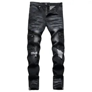 Jeans masculinos elásticos pretos baggy para homens joelho buracos rasgados denim skinny fit zíper calças emendadas masculino