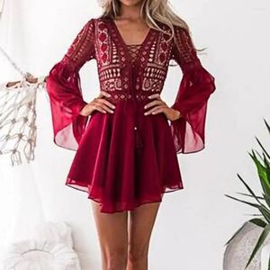 Casual Dresses Women Dress V Neck Hollow Out Solid Color Horn Sleeve Over Knee Lace Patchwork Sleing-Through Mesh Mini Clothes