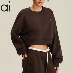 AL Yoga Suit Moletom recortado feminino Accol gola redonda pulôver suéter quente pesado prata 3D solto desleixado curto cintura alta fitness jogger roupas esportivas