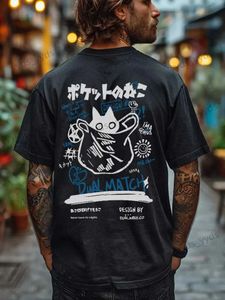 Homens camisetas Hip Hop T-shirt Homens Mulheres Streetwear Japonês Kanji Engraçado Gato Impressão Camiseta 2024 Harajuku Algodão Casual Manga Curta Camiseta Tops T240124