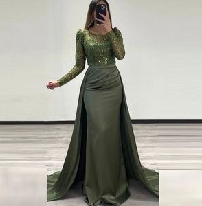 Sparkling Women's Evening Dress Scoop Long Sleeves Sequins Beads Olive Green Satin Prom Pageant Formal Party Gowns Birthday Wear Robe De Soiree