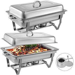 Chafing Dish 2 paquetes de 8 cuartos de galón de acero inoxidable Chafer Chafers rectangulares de tamaño completo para Catering Buffet Set con marco plegable T2001219A