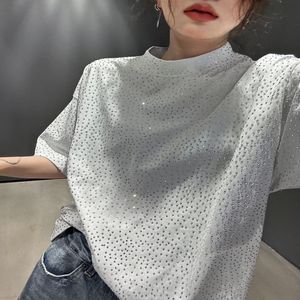 Designer Women's T-shirt Washed Aged Cotton Fabrics High Fashion Spring Summer Men Women Casual Loose Full Rhinestone Short Sleeve Tops