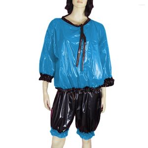 Tute da donna Volant in pelle PVC lucido Set corti Pigiami a due pezzi Donna Uomo Top girocollo con fiori al ginocchio Eoxtic