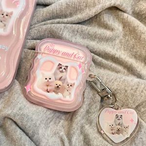 Earphone Accessories Cell Phone Earphones For Airpods 1 2 Pro 2 Earphone Case Creative Cute Pink Kitten Puppy Newspaper Wave Frame Pendant Antifall Shell J240318