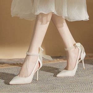 Sukienka buty eleganckie damskie białe perły pompki do kostki dla kobiet ślubnych jedwabne back bowtie high stiletto buty do obcasów kobieta wiosna 2023