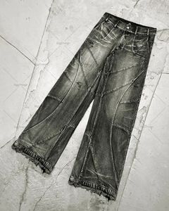 Y2K Destroyed Stitching Jeans Men's Black Washed Jeans Gothic Style Street Trend Clothing Retro Loose Wide Leg Pants Fall Guys 240122