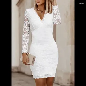 Casual Dresses Women's Monochromatic Lace Long Sleeve Midi Dress V Neck Slim Fit Heel Wrap Summer Fashion Sexy