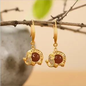 Stud Earrings Gold-Plated South Red Elephant Agate Lucky Exquisite Pattern Year NAFU Gold