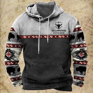 Herrtröjor tröjor mäns färgblockerande retro etnisk stil gulsten mönster tryckt hoodie långärmad huvtröja överdimensionerade mens hoodies t240124