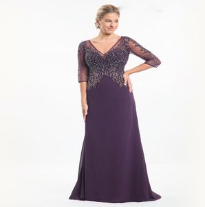 Sparkling Plum Mother of the Bride Dresses Illusion Sheer with Beading Sequins 34 Long Sleeves Pleats Chiffon Sweep Train Evening5039323