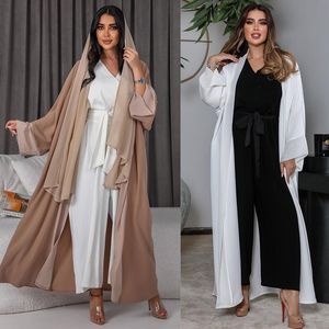 Muslimska Fashion Cardigan Chiffon Robe Suit Mellanöstern Kvinnor Arabian Abaya och Jumpsuit Elegant Två stycken Set Dubai Clothing Caftan Marocain Femme