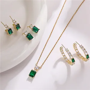 Halsbandörhängen Set Hecheng Silver Color Luxury Jewelry Green Zircon Stud and Pendant Wedding Presents