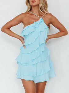 Lässige Kleider Sommer rückenfreies Kleid Frauen 2024 ärmelloser Spaghettibügel geschichteter Rüschen Mini Robe Femme Vestidos