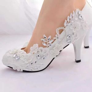 Dress Shoes wedding shoes bride white wedding shoes female high heels ankle strap pumps women shoes rhinestone lace high heels party shoe#42