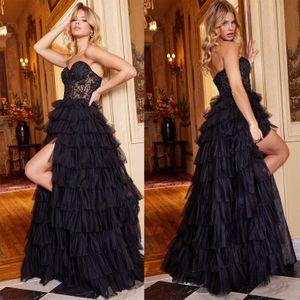 Chic Lace Mermaid Prom Dresses Strapless Evening Gowns Tiered Train Sleeveless Side Split Backless Custom Made Party Dress Plus Size