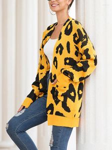 レディースニット冬のヒョウ柄カーディガン女性ポケットセーター特大ジャケット2024ジャンパー用の長い厚い暖かいニット