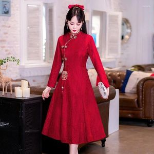 Ethnic Clothing Arrival Modern Improved Long Sleeve Embroidered Cheongsam Chinese Traditional Red Wedding Qipao Dress Plus Size Women