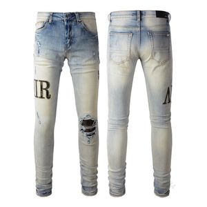 Designer jeans för män jeans linne byxor hip hop män jeans orolig rippad cyklist smal fit hipster brev tryck motorcykel för män broderi true varumärke jeansmb09