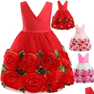 In Stock Flower Girl Dresses Baby Girls Floral Princess Dress Kids Sleeveless Rose Wedding Party Prom Children Fashion Bow Pleated D Dhzfn