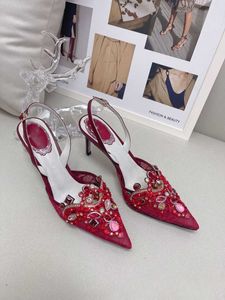 Crystal Jewel Lace Wedding Shoes Fashion Pointy Slingbacks High Heels