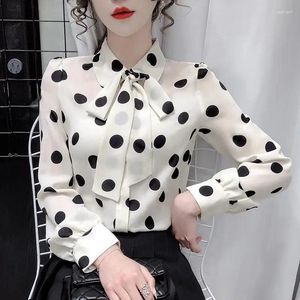 Damenblusen, Polka Dot Print, Schleife, elegant, schick, süß, Hemd mit Knöpfen, Frühling und Herbst, lässig, langärmelig, Büro, Damenbluse, Top LJ566