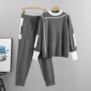 Autumn Runway 2 Pieces Set Sticked Long Sleeve Pullovers Tröja Casual Patchwork Fashion Women Tops and Pants Suits Spring 240123